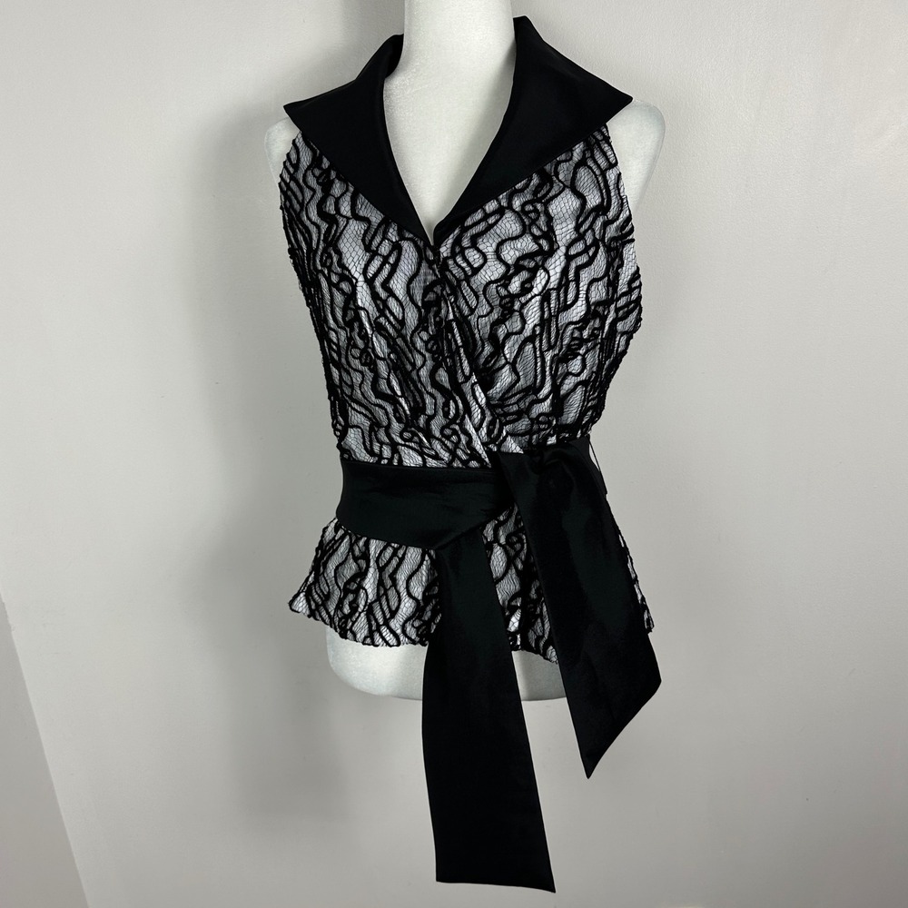 Joseph Ribkoff‎ Canada Black Lace Overlay Belted Top Womens Size 12 Style 29238